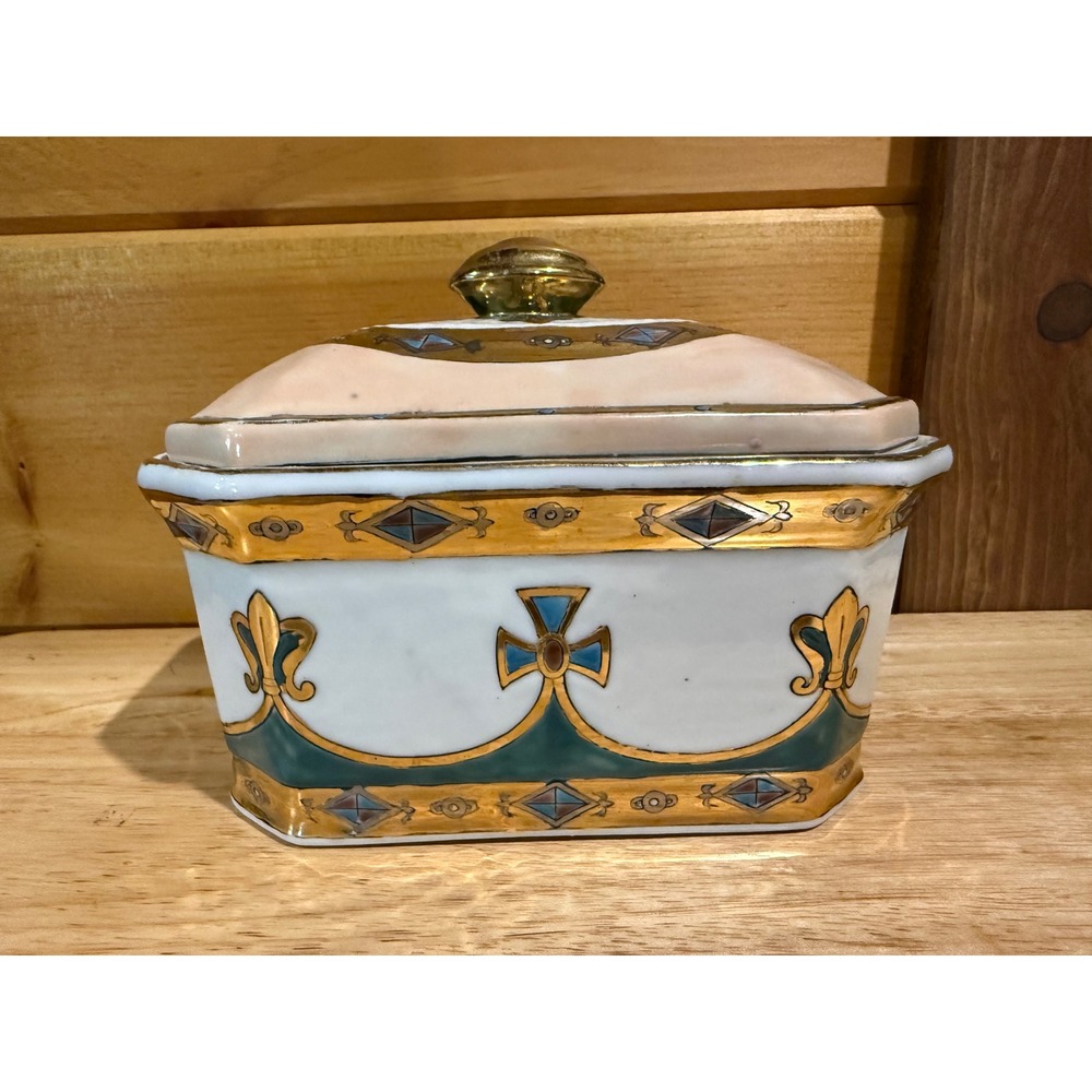Vintage Toyo Porcelain Trinket Box Teal Gold Gilt Octagonal Fleur-de-lis Lidded‎